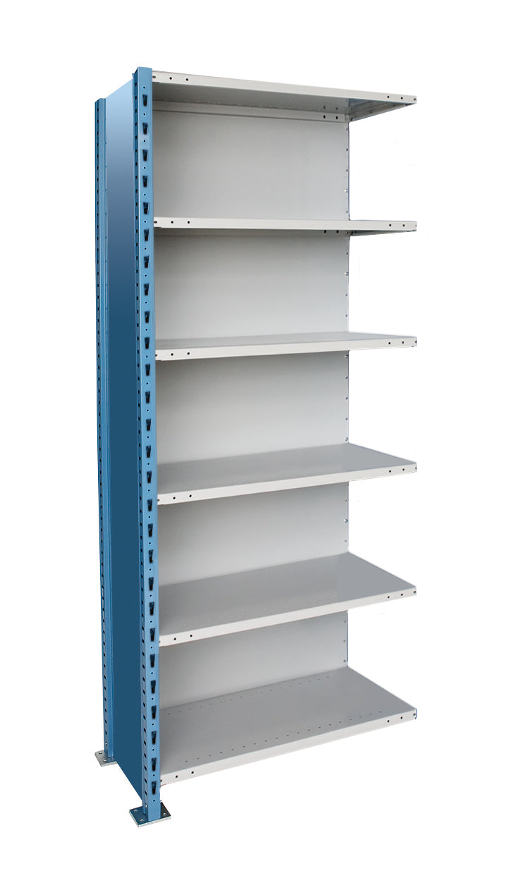Metal shelving unit with multiple shelves on a white background