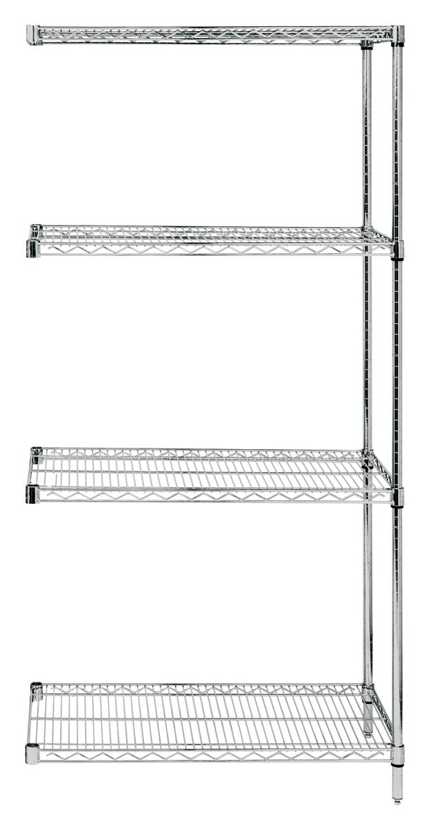 Metal shelving unit with five shelves on a white background