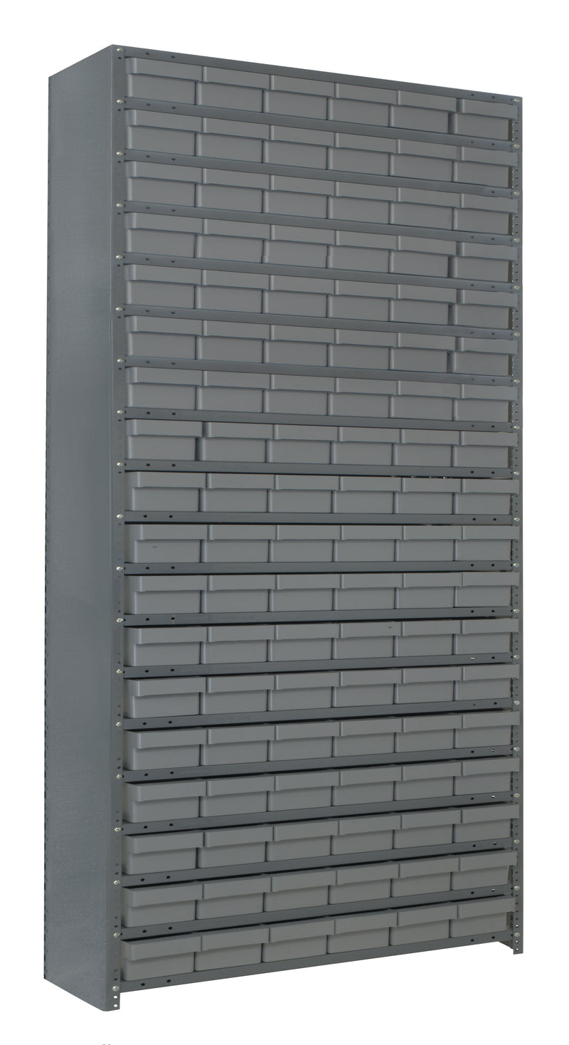 Green storage cabinet with multiple shelves on a white background