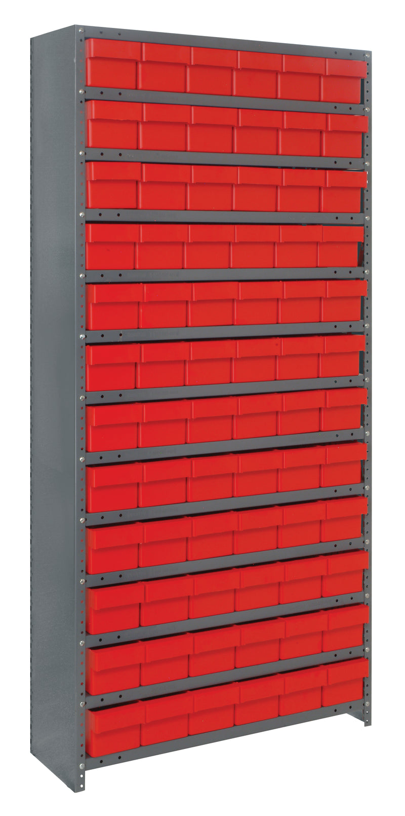 Storage rack with red bins on a white background