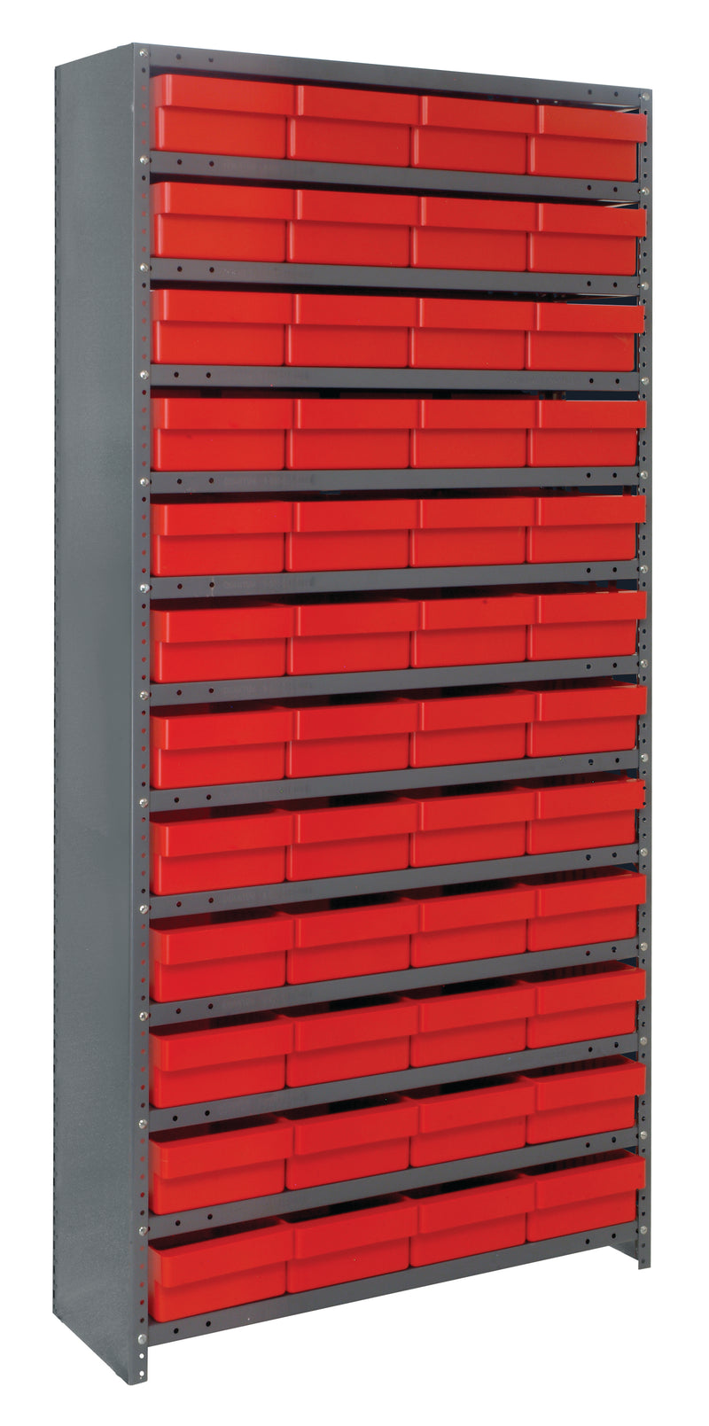 Storage rack with red bins on a white background