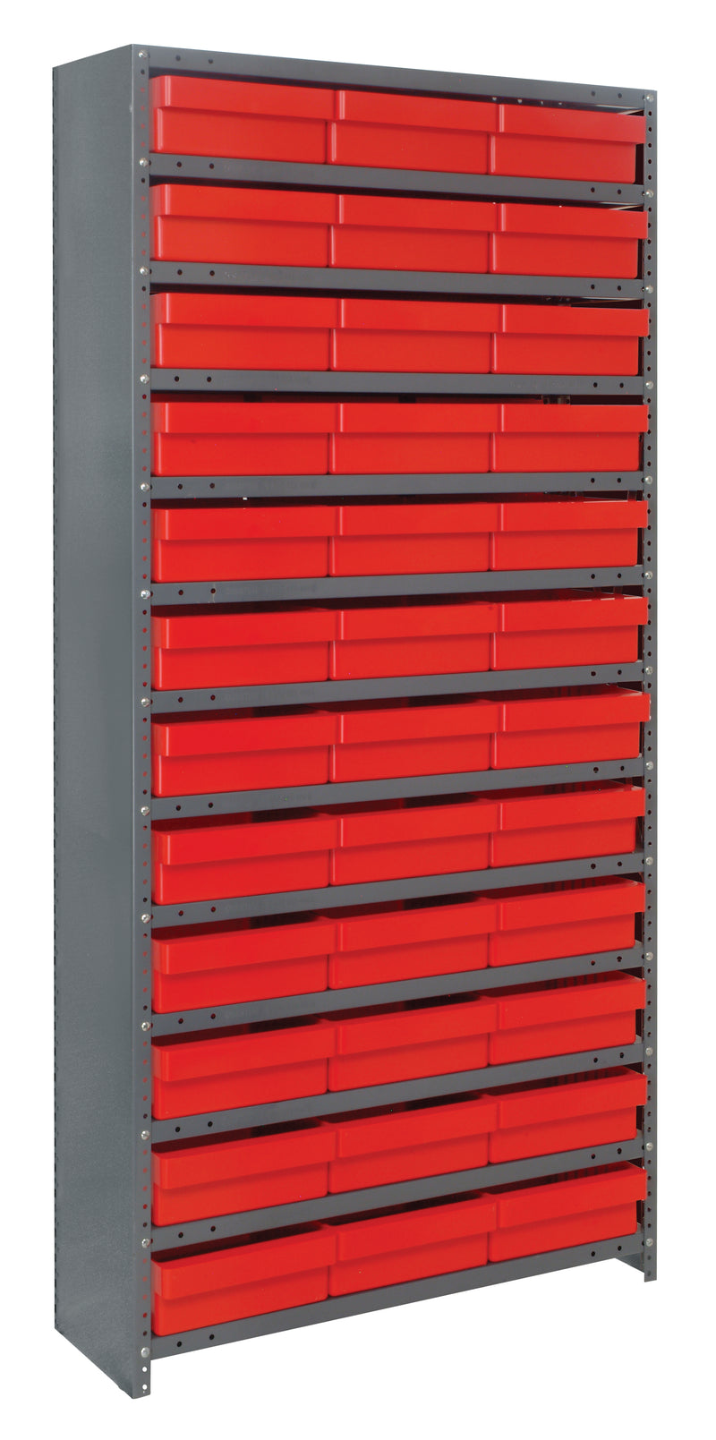 Storage rack with red bins on a white background