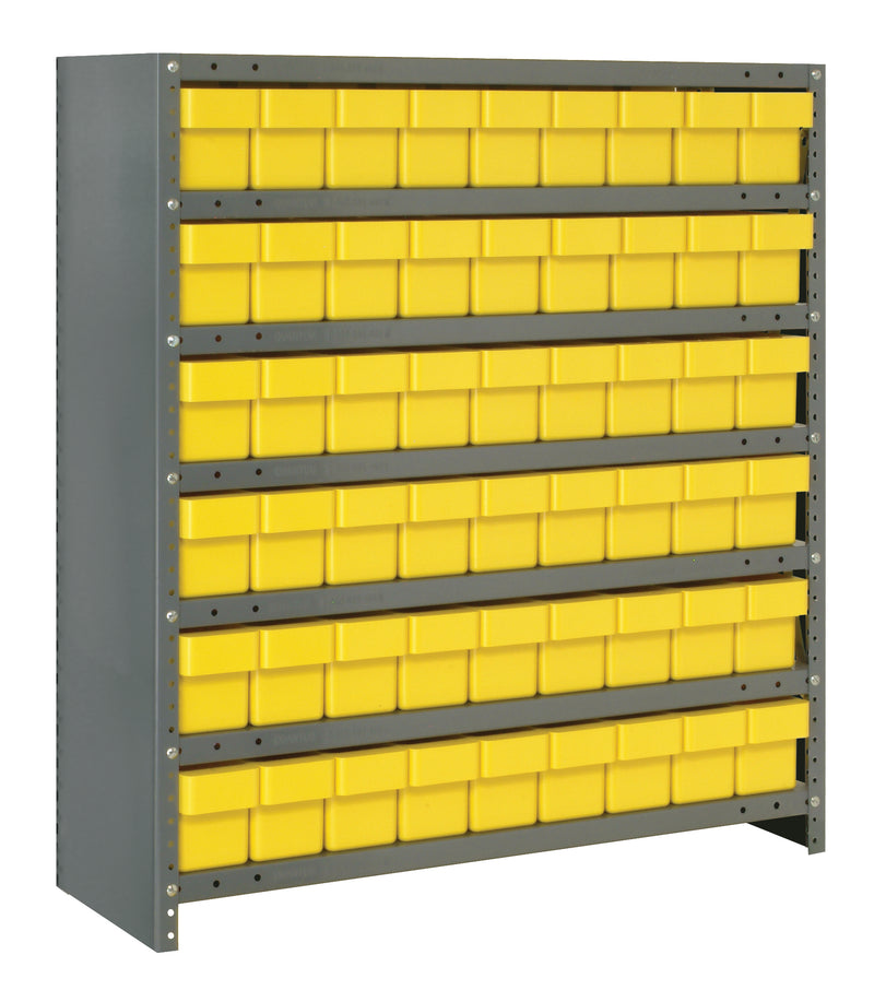 Storage rack with yellow bins on a white background
