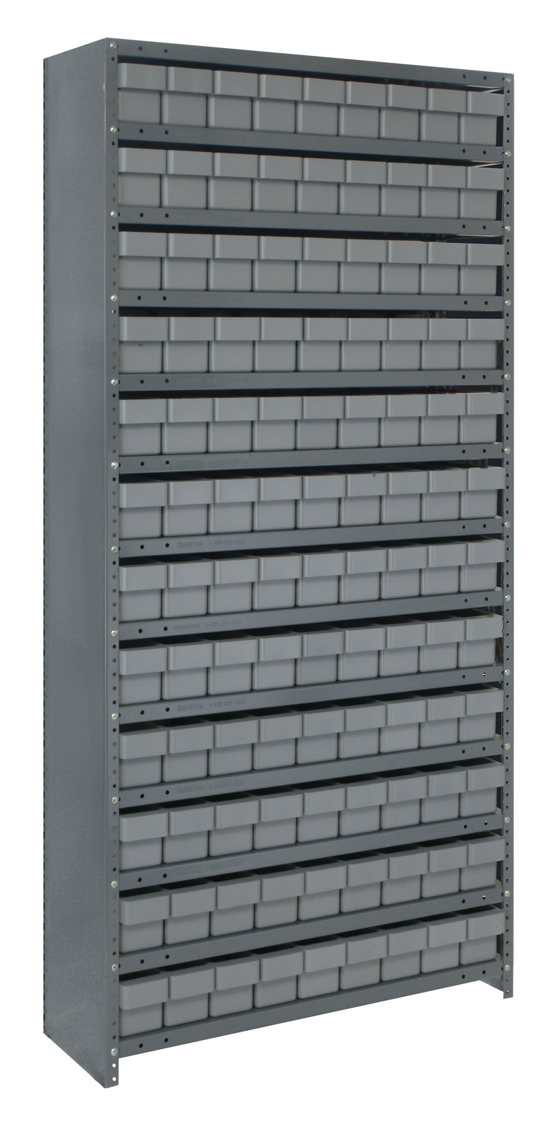 Metal storage rack with multiple shelves on a white background