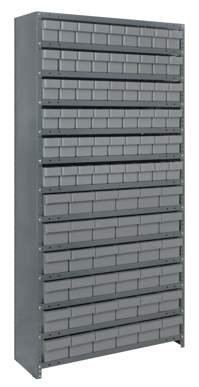 Stack of metal shelves with small boxes on a white background