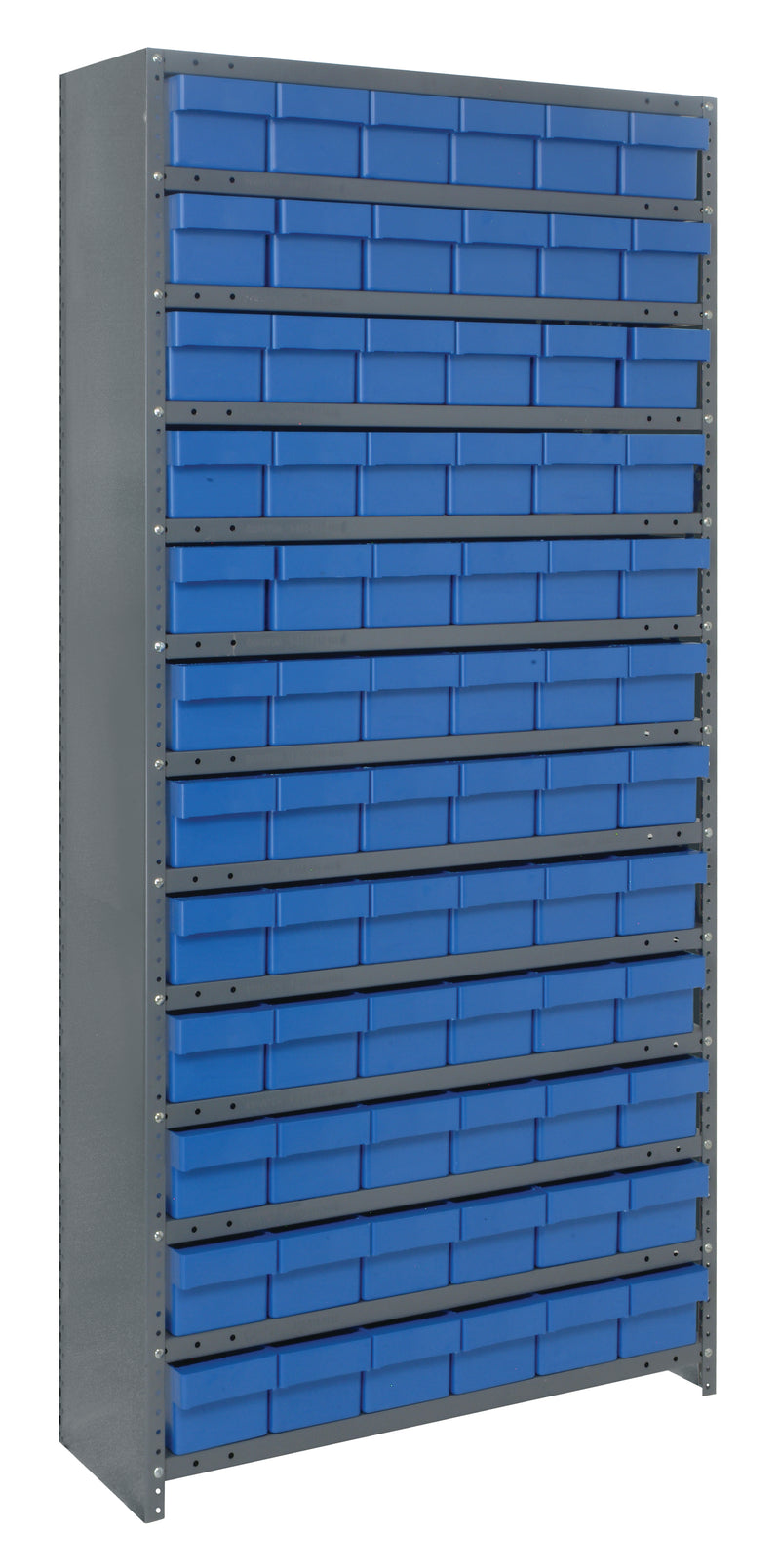 Storage rack with blue bins on a white background