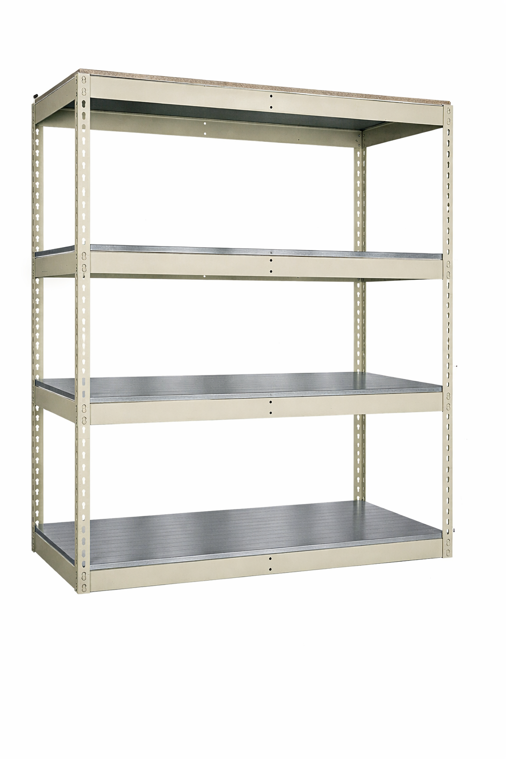 Metal shelving unit with four shelves on a white background