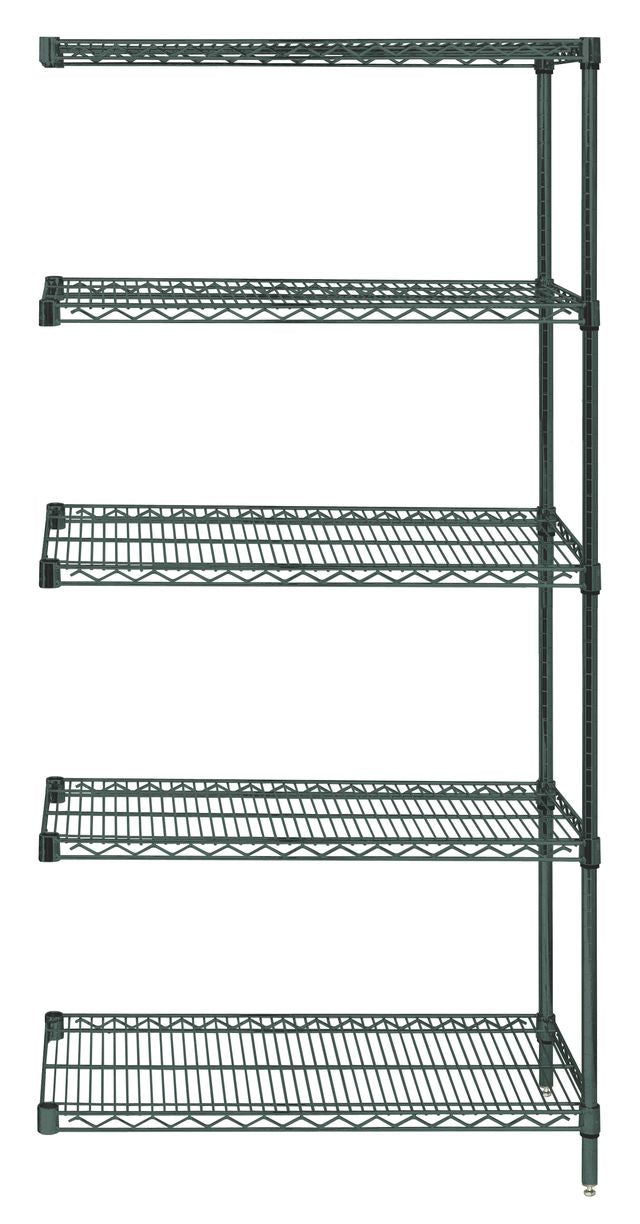 Black wire shelving unit with five shelves on a white background