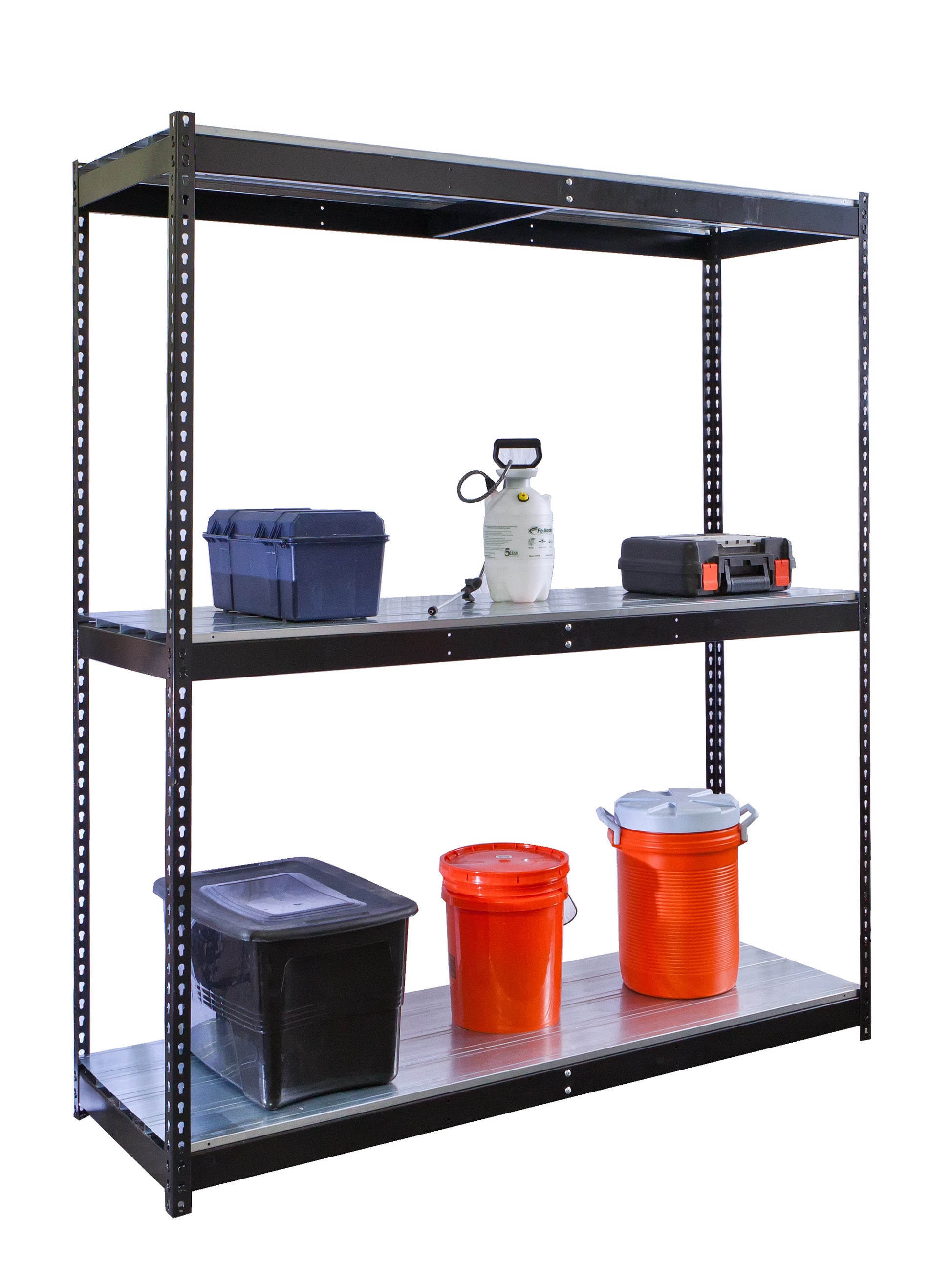 Metal shelving unit with various storage containers on a white background