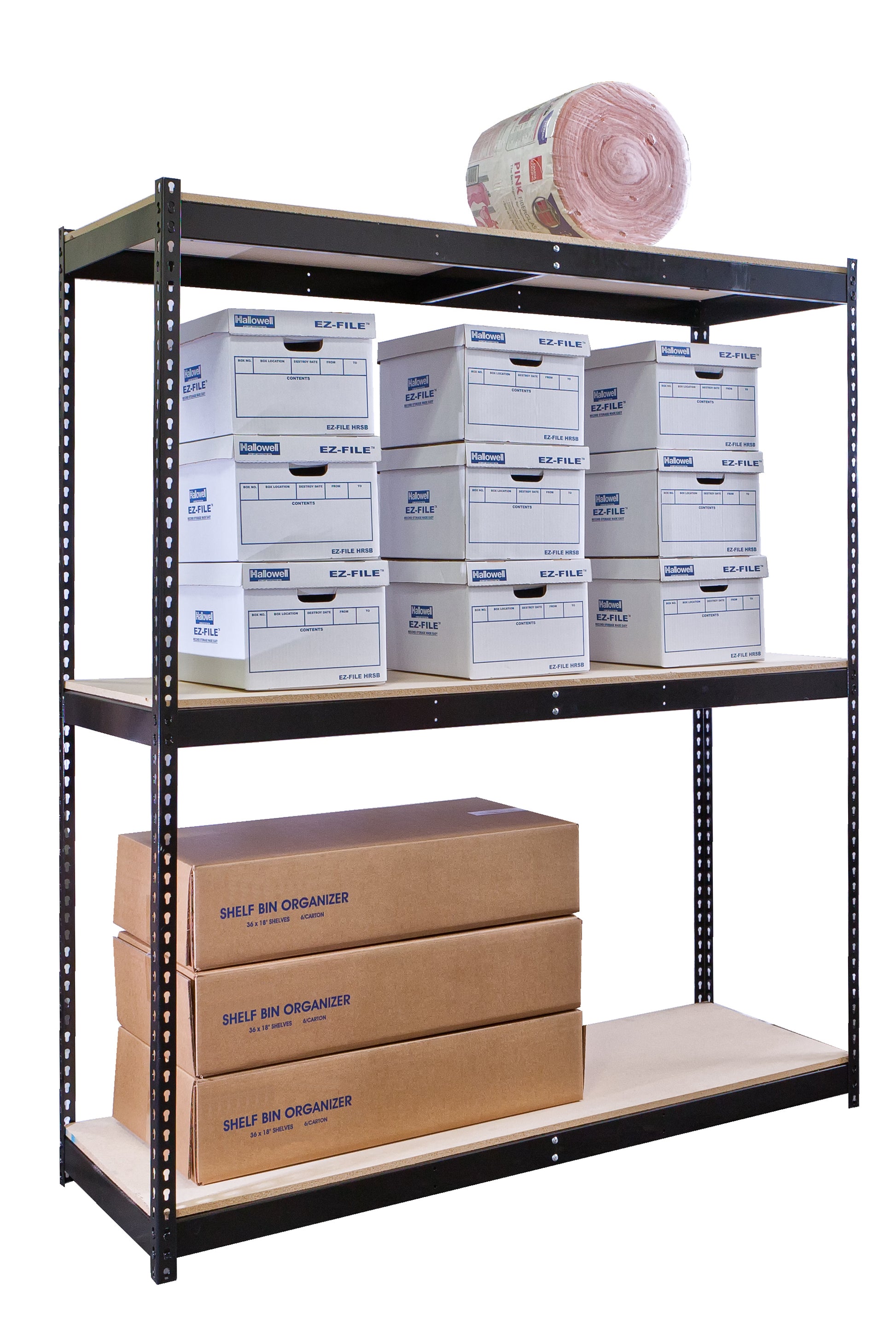 Storage rack with boxes and a roll of paper on a white background