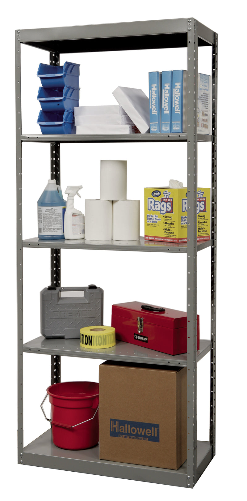 Metal shelving unit with various items including boxes, containers, and cleaning supplies on a white background