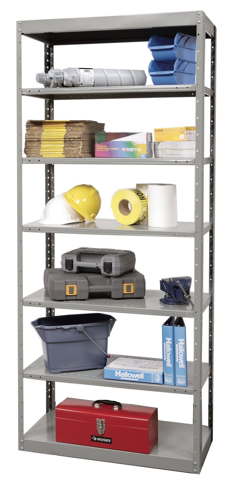 Metal shelving unit with various items on a white background