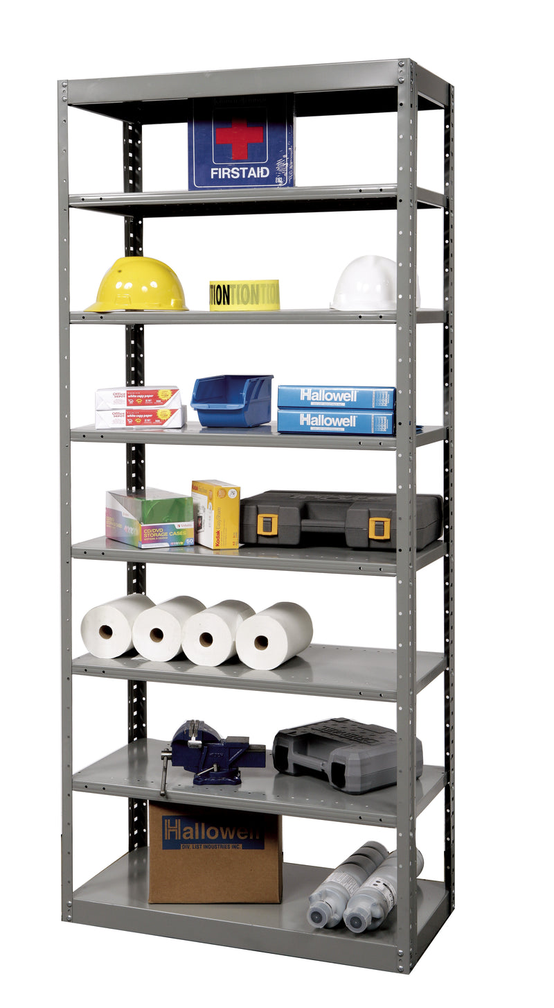 Gray metal shelving unit with various items on a white background