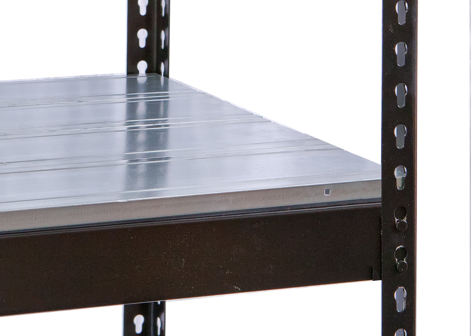 Metal shelving unit with a flat metal shelf on a white background