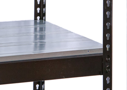 Metal shelving unit with a flat metal shelf on a white background