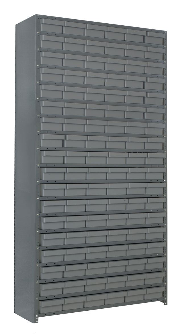 Gray storage cabinet with multiple shelves on a white background