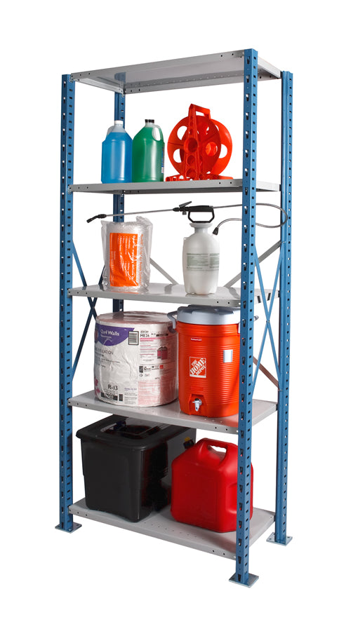 Metal shelving unit with various storage containers on a white background