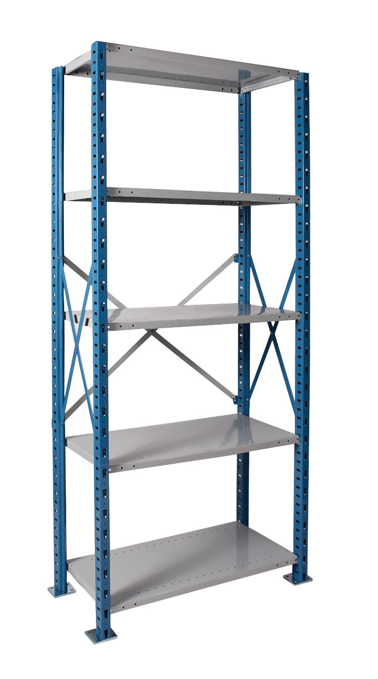 Metal shelving unit with blue frame and gray shelves on a white background