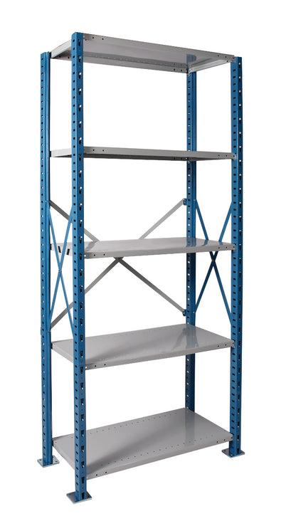 Metal shelving unit with blue frame and gray shelves on a white background