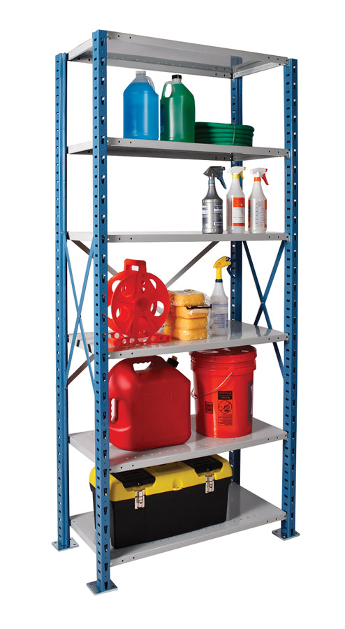 Metal shelving unit with various items including jerry cans and bottles on a white background