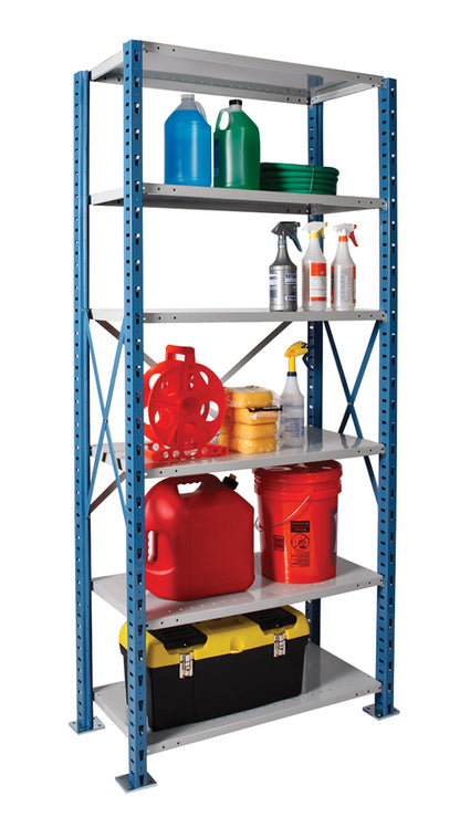 Metal shelving unit with various items including jerry cans and bottles on a white background