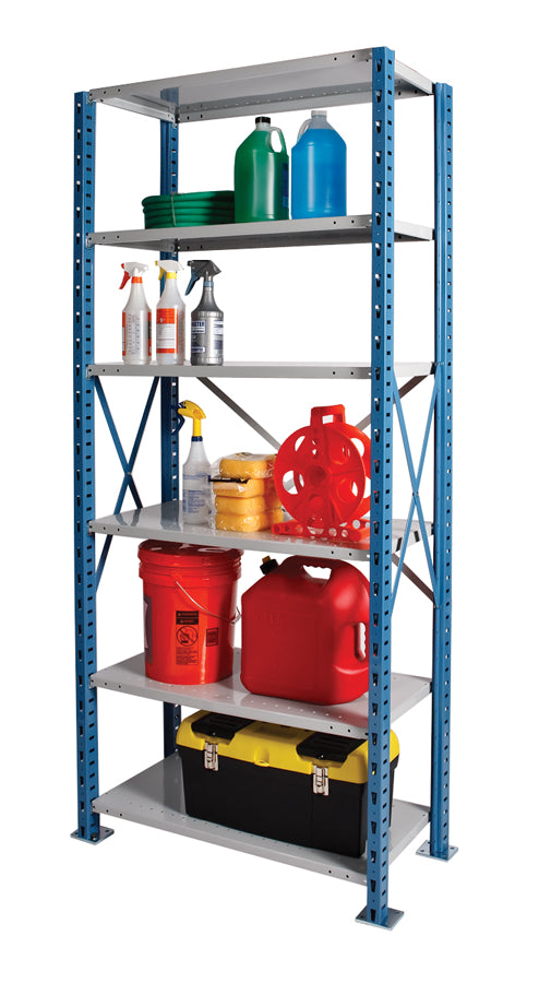 Metal shelving unit with various items including jerry cans and bottles on a white background