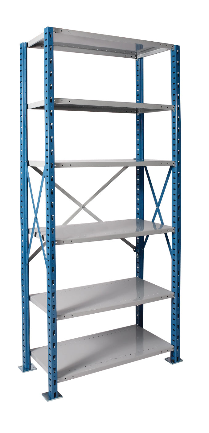 Metal shelving unit with blue frame and gray shelves on a white background