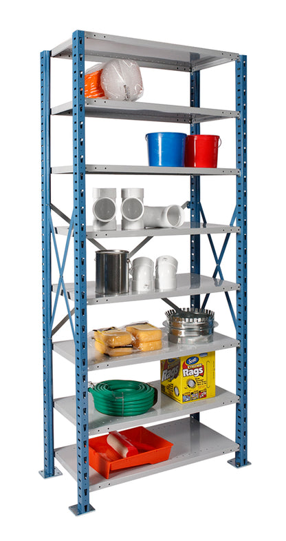 Metal shelving unit with various items on a white background