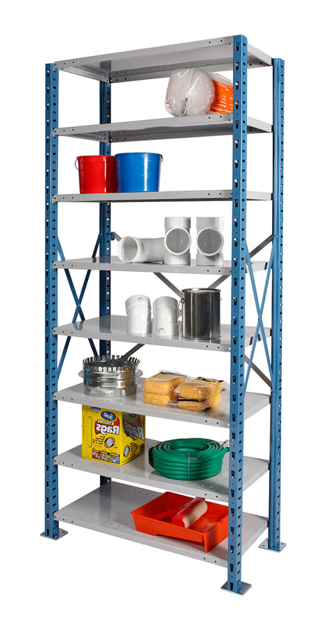Metal shelving unit with various items on a white background