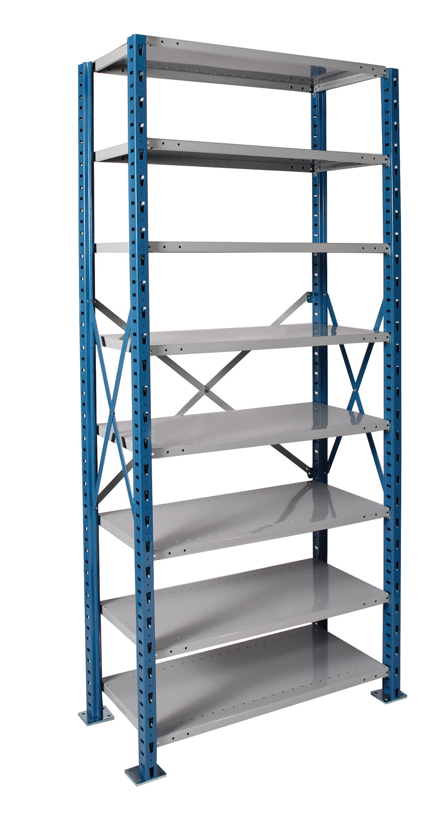 Metal shelving unit with blue columns and gray shelves on a white background