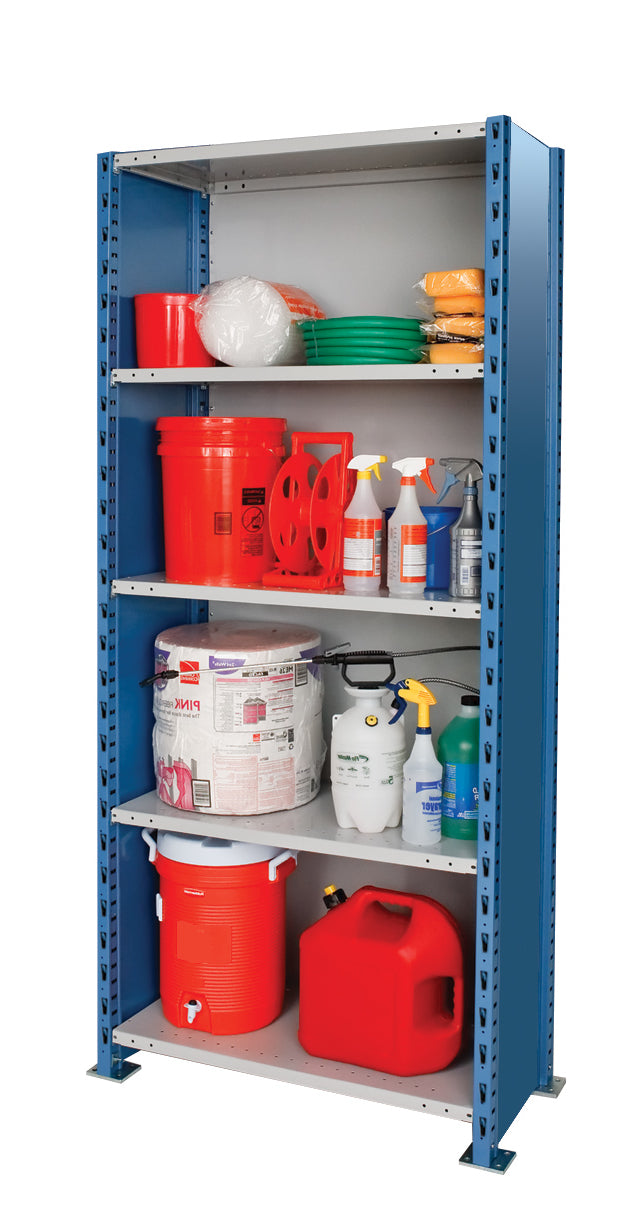 Storage rack with various safety equipment including buckets, bottles, and a gas canister on a white background.