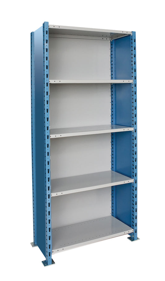 Metal shelving unit with blue frame and gray shelves on a white background