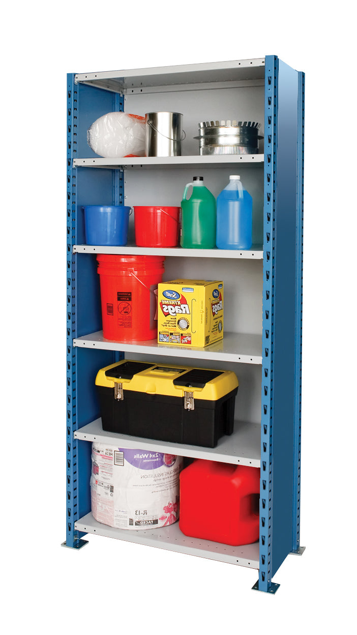 Blue metal storage rack with various items on shelves against a white background
