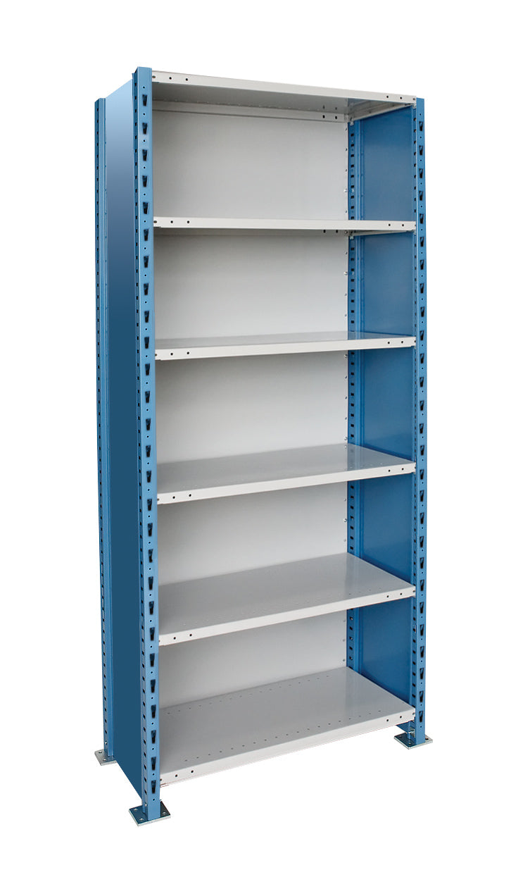 Metal shelving unit with blue frame and white shelves on a white background