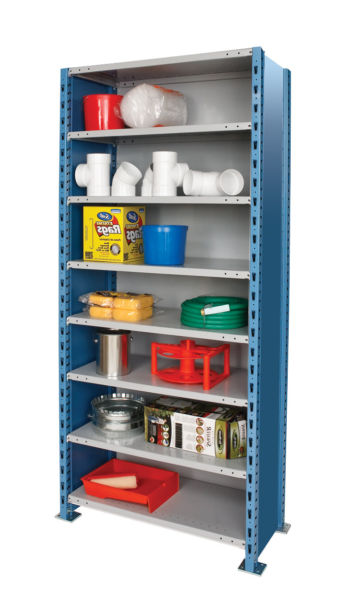 Blue metal storage rack with various items on a white background