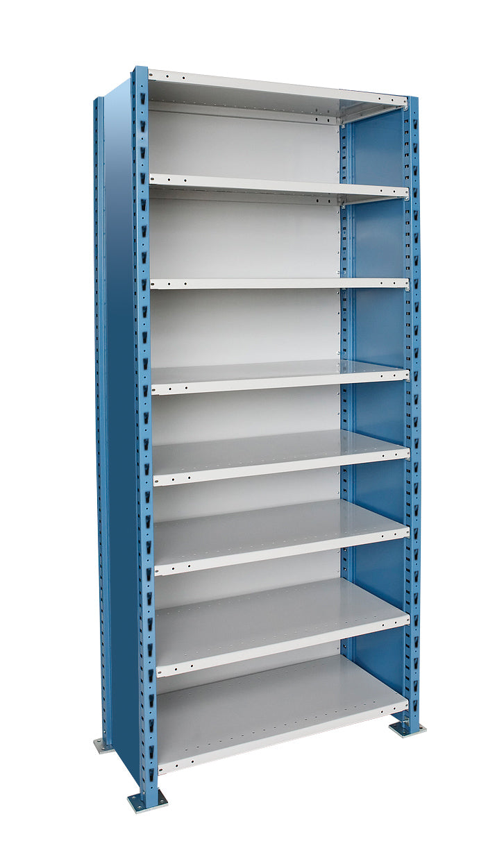 Blue metal shelving unit with multiple shelves on a white background
