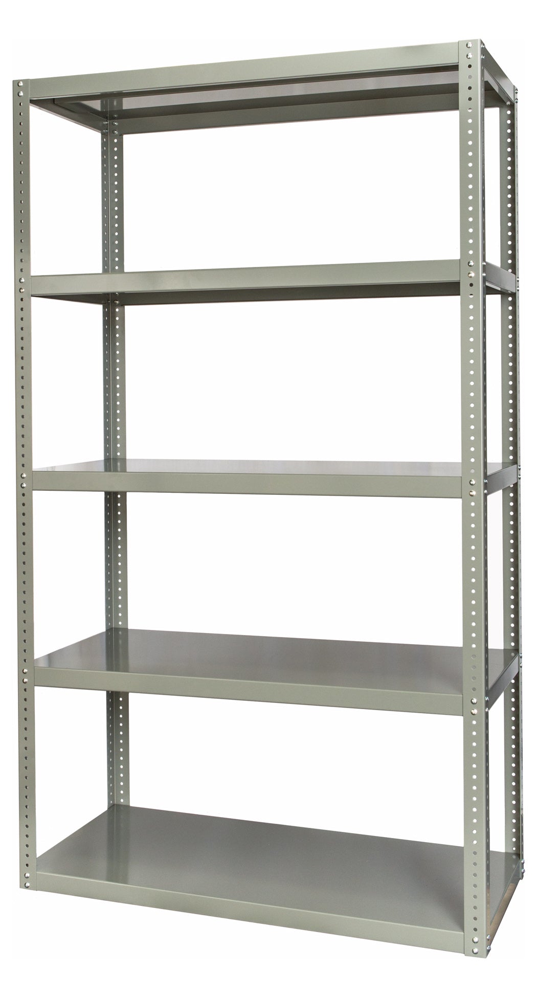 Metal shelving unit with five shelves on a white background