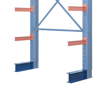 Blue metal storage rack with red crossbars on a white background