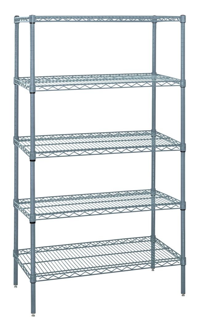 Metal shelving unit with five shelves on a white background