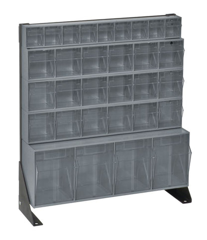 Stackable storage bins with a metal frame on a white background