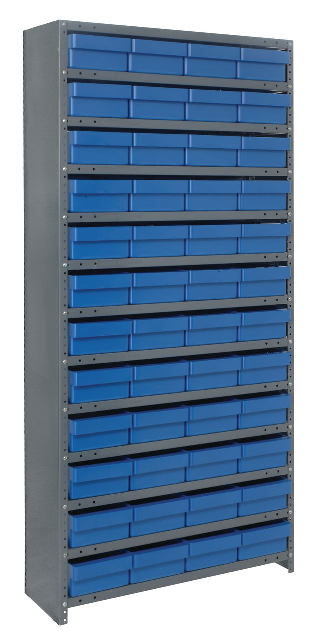 Storage rack with blue drawers on a white background