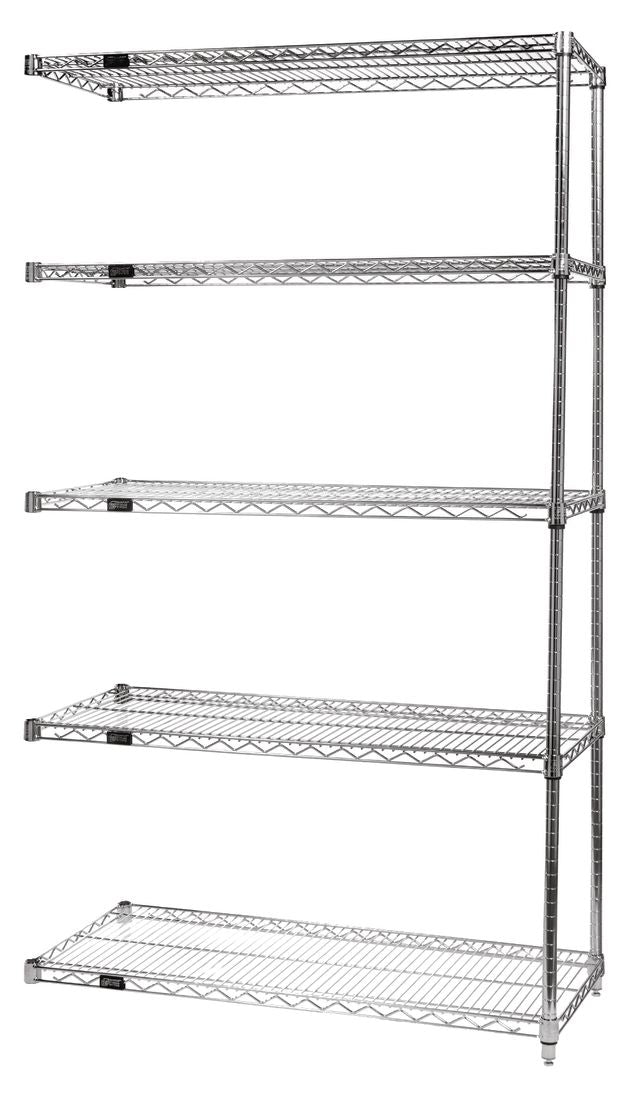 Wire shelving unit with five shelves on a white background