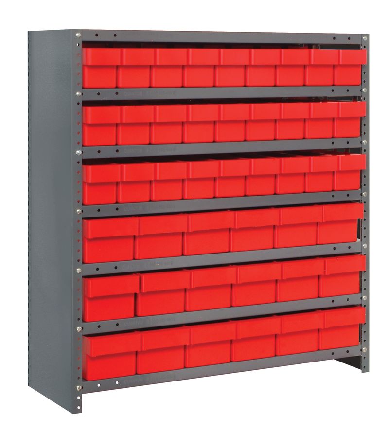 Storage rack with red bins on a white background