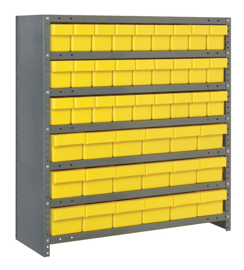 Storage rack with yellow bins on a white background