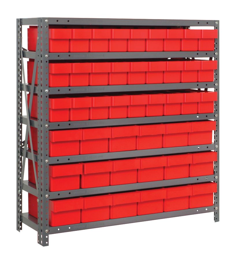 Storage rack with red bins on a white background