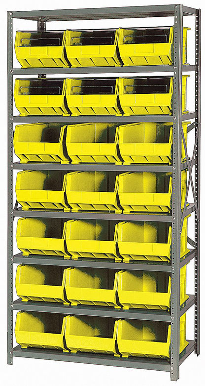 Storage rack with yellow bins on a white background