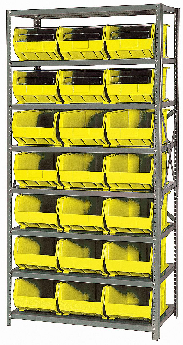 Storage rack with yellow bins on a white background