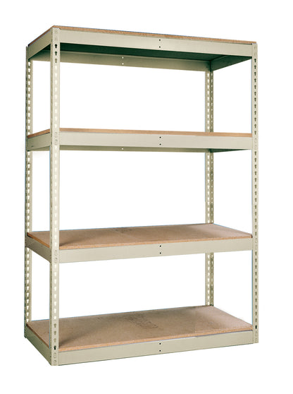 Metal shelving unit with wooden shelves on a white background