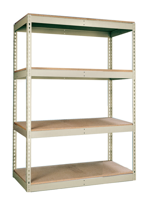 Metal shelving unit with wooden shelves on a white background