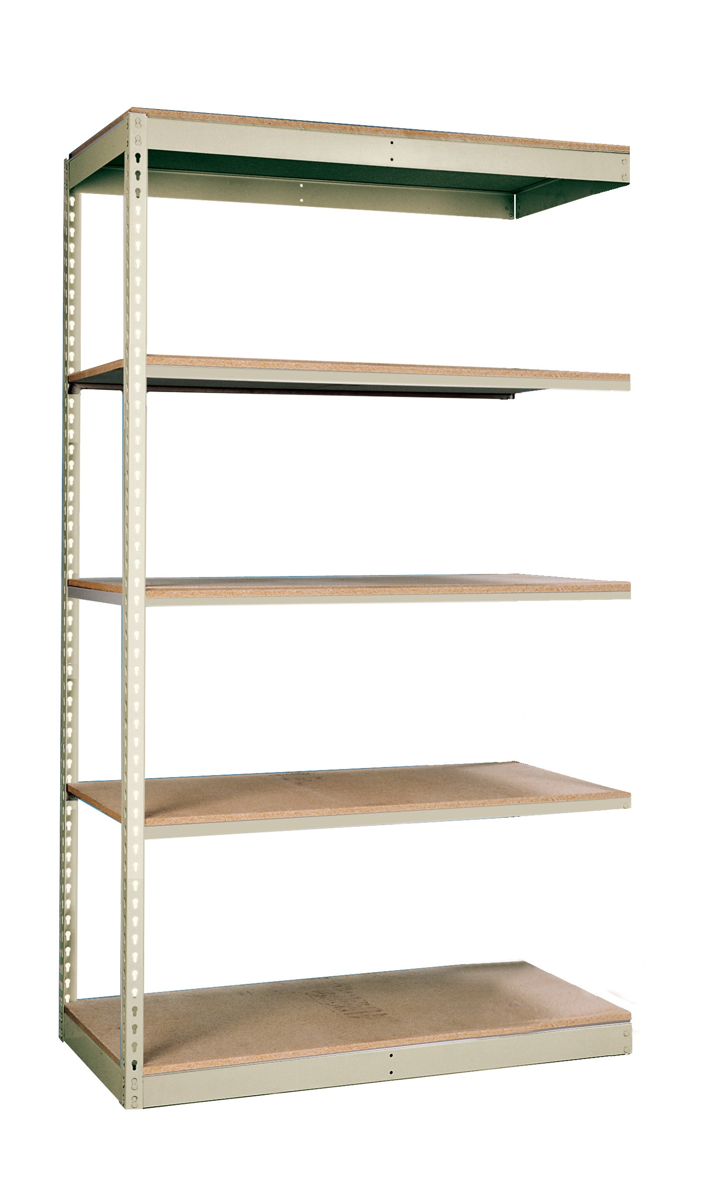Metal shelving unit with wooden shelves on a white background